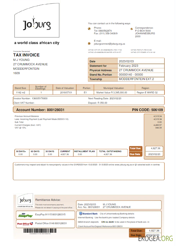 SOUTH AFRICA JOBURG utility bill Word and PDF template